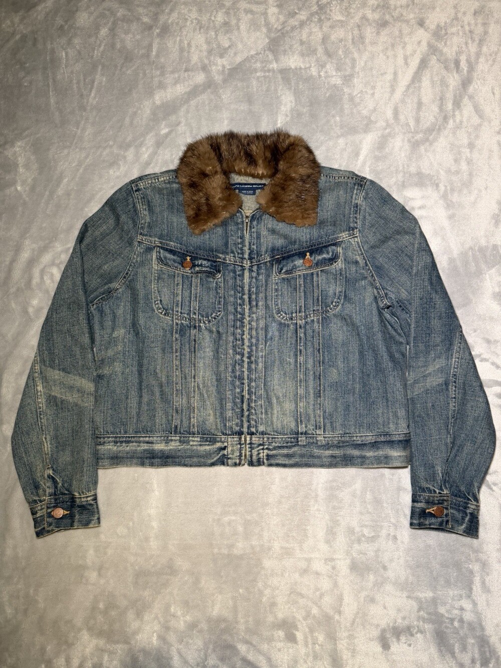Ralph Lauren Sport Denim Full Zip Jacket Women’s Size XL Fur Lined Collar Polo